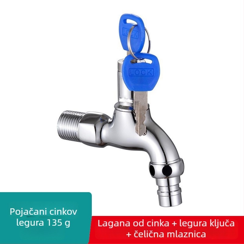 Kran za perilicu rublja s ključem, bakreni, vanjska zidna montaža, 4 priključka, samo hladna voda (0-90°C, 1.0 MPa, 4 priključci)