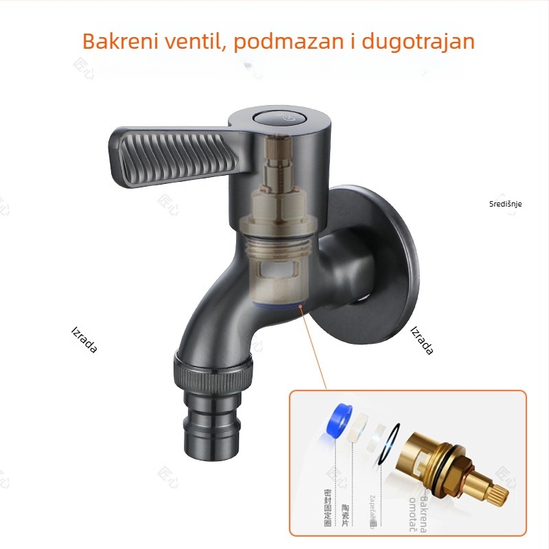 Unutarnje ugradbeni bakreni ventil za perilicu rublja, model JXDF9117, ugradnja u zid, cjelokupno bakreno tijelo ventila, nominalni tlak 2.0 MPa, radna temperatura 100°C, otvaranje ključem