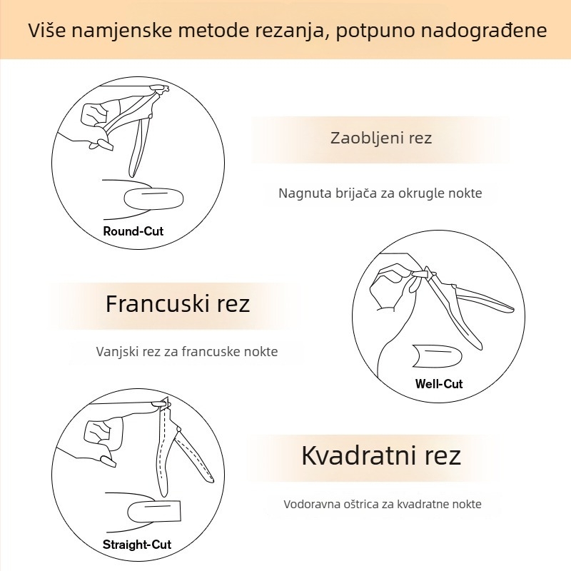 Set alata za njegu noktiju od nehrđajućeg čelika: škare za ravno rezanje, škare u obliku U s plosnim krajem, kliješta za nokte i nož za nokte
