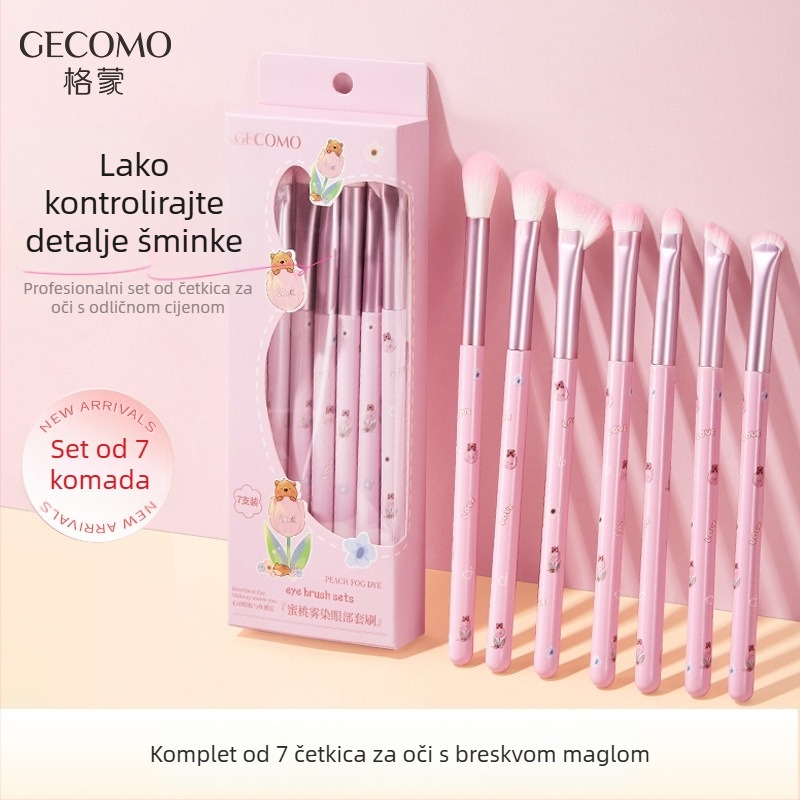 Gecomo 7-dijelni set četkica za šminku očiju s drvenim ručkama — uključuje četkicu za eyeliner, za sjenilo, za ruž, za konturu nosa i za highlighter, u kutiji