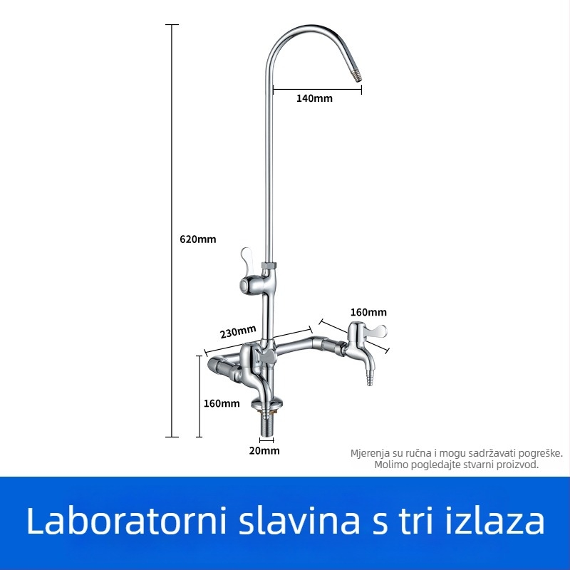 Bakrena laboratorijska slavina, trostruki izlaz, miješajući, okomita ugradnja, 0–90°C