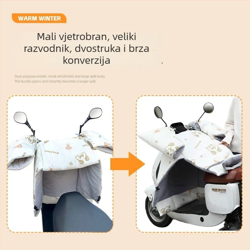 Zaštita od vjetra za električna vozila (Oxford tkanina, vodootporna, višekratna upotreba) — marka Warm shell line; namijenjeno triciklu, motociklu i EV