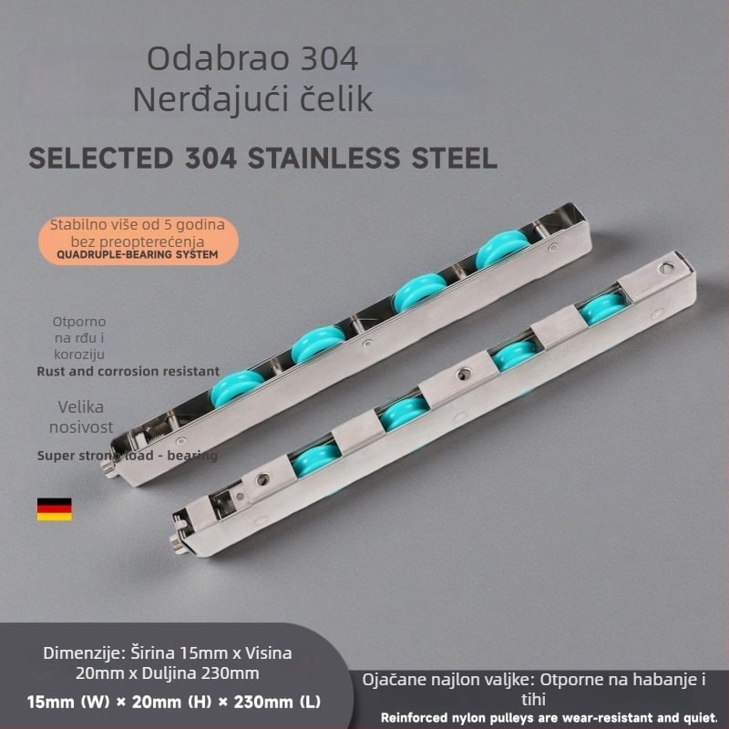 Četveroručna kotač od nehrđajućeg čelika za klizna vrata i prozore, nosivost 110 kg, osovina Ø5.8 mm, radijus žljeba za uže 8.5 mm, vanjski promjer Ø15 mm