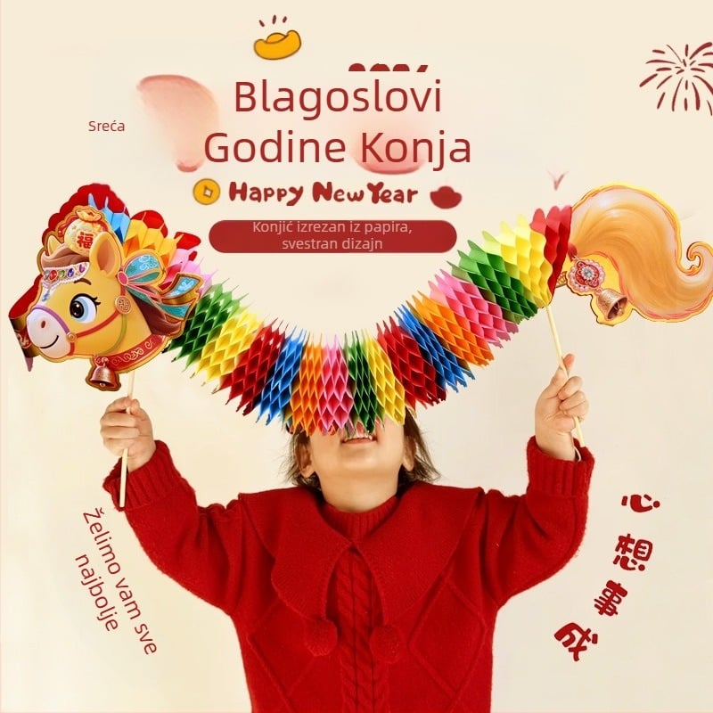 2026. godina Konja – papirnata rezana viseća dekoracija za proljetne proslave, rekvizit za fotografije, šarena