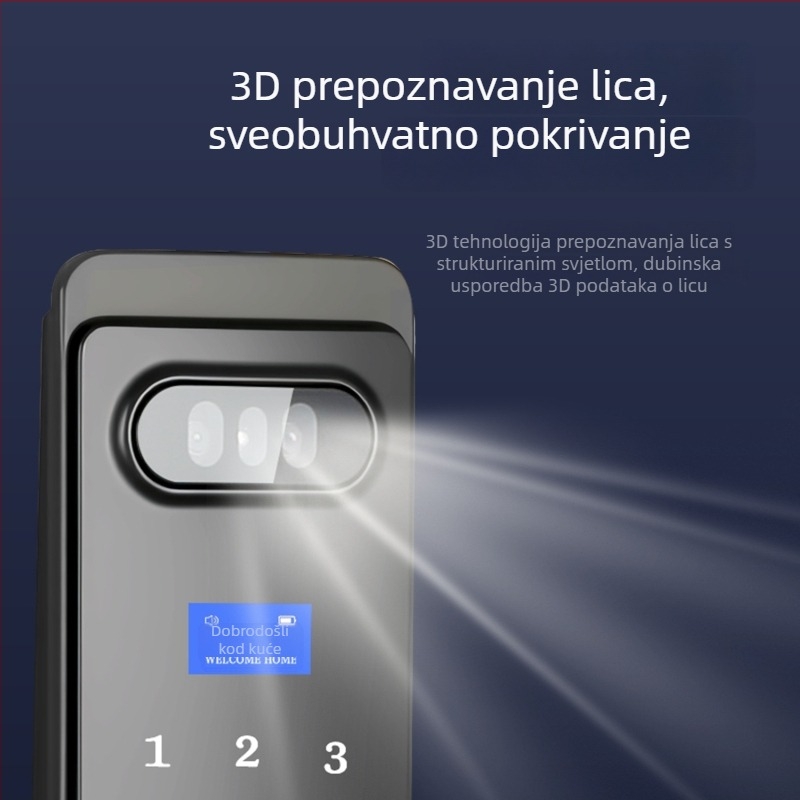 Pametna brava za vrata, vodootporna, prepoznavanje otisaka prsta, dlana i lica (50 otisaka; 100000+ otključavanja; -25°C to 60°C; relativna vlaga 20-95%)