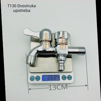Bakrena kuhinjska slavina s dvostrukim izlazom, model New Maple 1145, 0–80°C, 0,6 MPa, promjer ulaza/izlaza 20 mm, otvaranje ključem, konstrukcija s jednim zglobom, elektroplatirani završni sloj