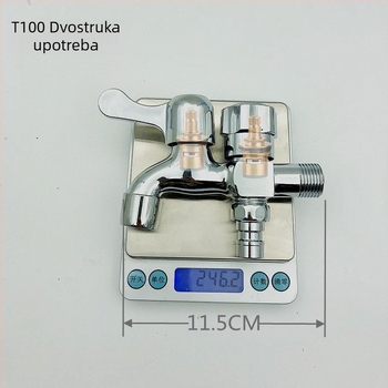 Bakrena kuhinjska slavina s dvostrukim izlazom, model New Maple 1145, 0–80°C, 0,6 MPa, promjer ulaza/izlaza 20 mm, otvaranje ključem, konstrukcija s jednim zglobom, elektroplatirani završni sloj