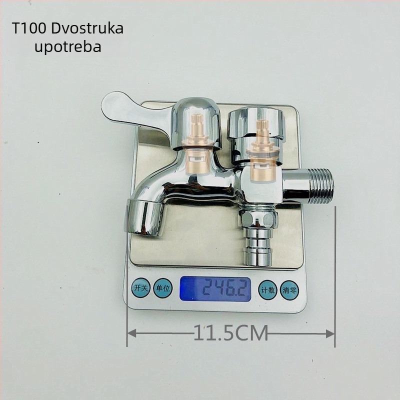 Bakrena kuhinjska slavina s dvostrukim izlazom, model New Maple 1145, 0–80°C, 0,6 MPa, promjer ulaza/izlaza 20 mm, otvaranje ključem, konstrukcija s jednim zglobom, elektroplatirani završni sloj