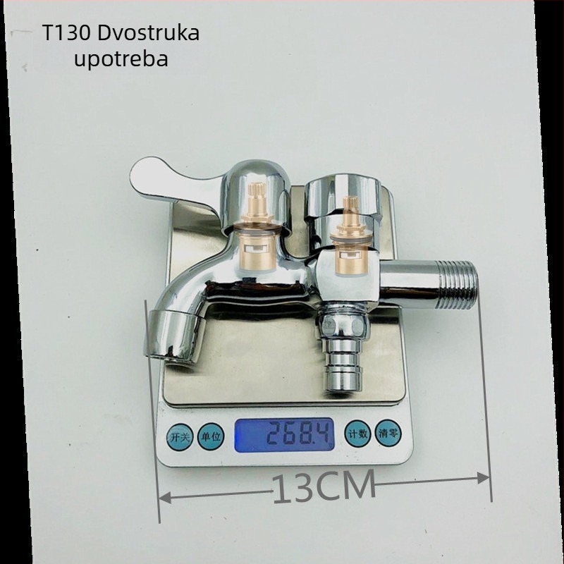 Bakrena kuhinjska slavina s dvostrukim izlazom, model New Maple 1145, 0–80°C, 0,6 MPa, promjer ulaza/izlaza 20 mm, otvaranje ključem, konstrukcija s jednim zglobom, elektroplatirani završni sloj