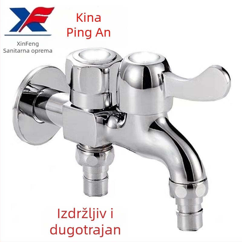 Bakrena kuhinjska slavina s dvostrukim izlazom, model New Maple 1145, 0–80°C, 0,6 MPa, promjer ulaza/izlaza 20 mm, otvaranje ključem, konstrukcija s jednim zglobom, elektroplatirani završni sloj