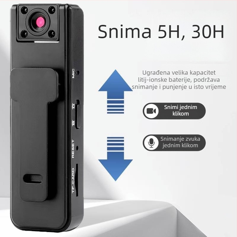 Pametna džepna kamera s klipom: 1080p jasnoća, 12 mm fokusno odstojanje, doseg 10 m, noćni vid, kontrola putem mobilne aplikacije