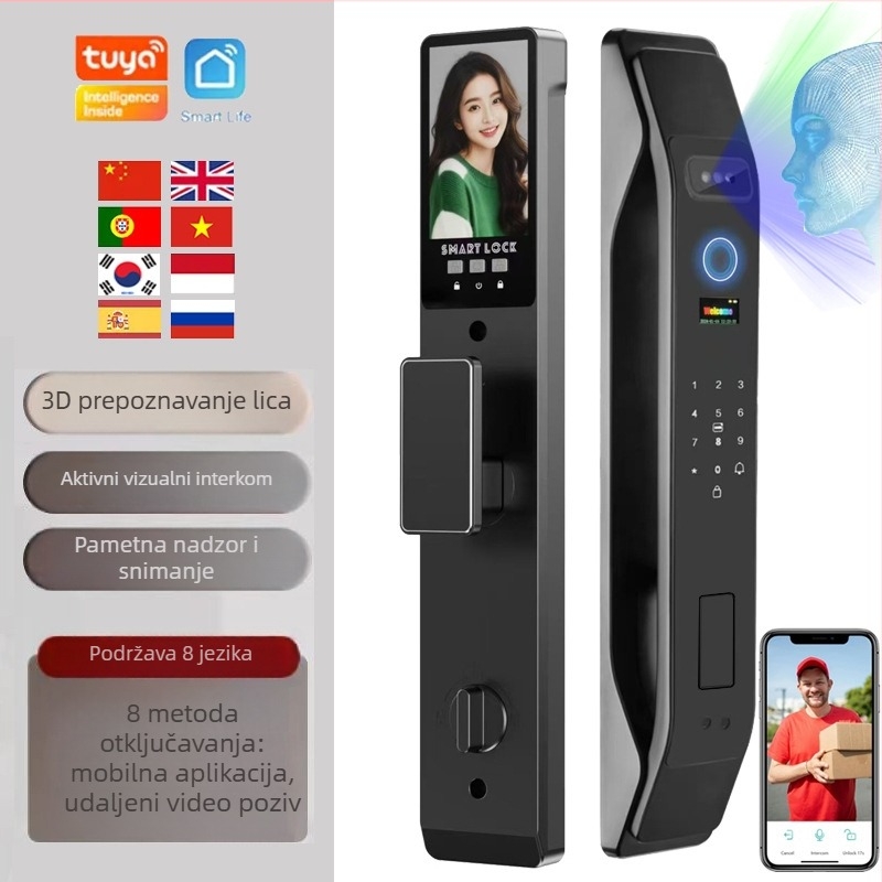 Pametna brava za vrata s otiskom prsta, prepoznavanjem lica i lozinkom – skeniranje 0,3 s, pohrana 100 otisaka, lažno prihvaćanje 0,001, radni raspon -30°C do 70°C