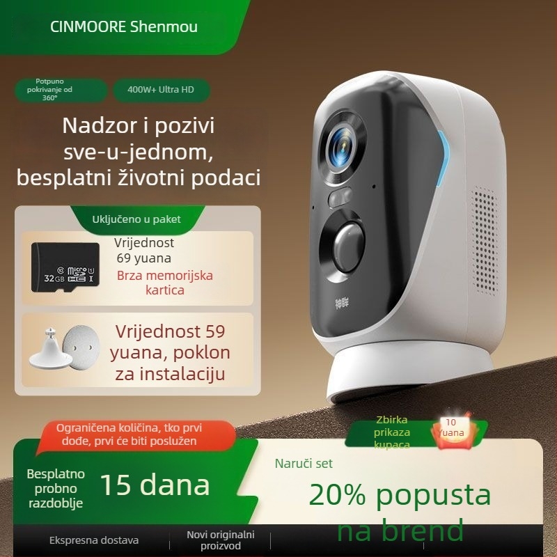 Pametna kućna kamera za nadzor — 1080p, 2.8mm objektiv, noćno viđenje, pohrana u oblaku, daljinski upravljač putem mobilne aplikacije.