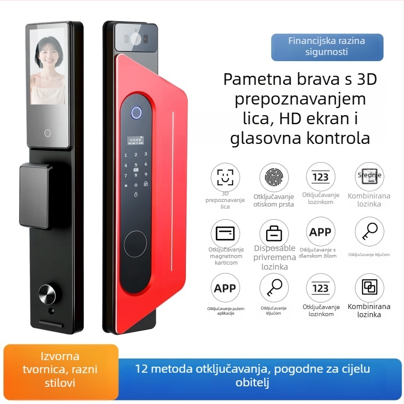 Pametna brava za vrata s prepoznavanjem lica, vizualni prozor i otisak prsta, model K13, pohranjeno 50 otisaka prsta, FPR 0.0001%, FRR 0.01%, DC napajanje, kompatibilno s 98% vrata