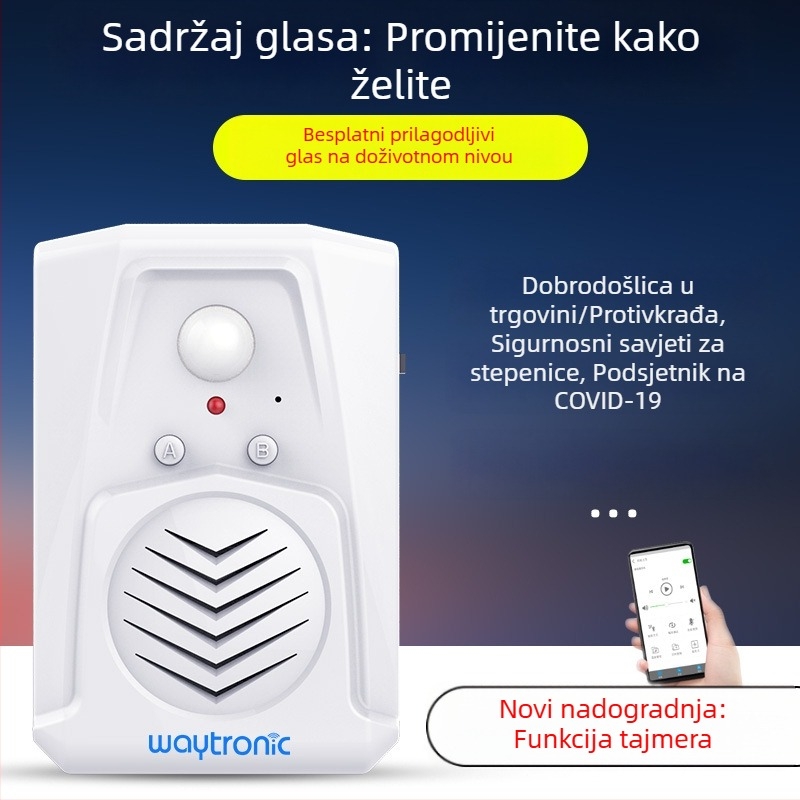 Indukcijski zvon na vrata MS-V22.12 s MP3 zvukom, napajanje 5V DC ili 3 suhe baterije, pogodan za lance trgovina, supermarkete i domove