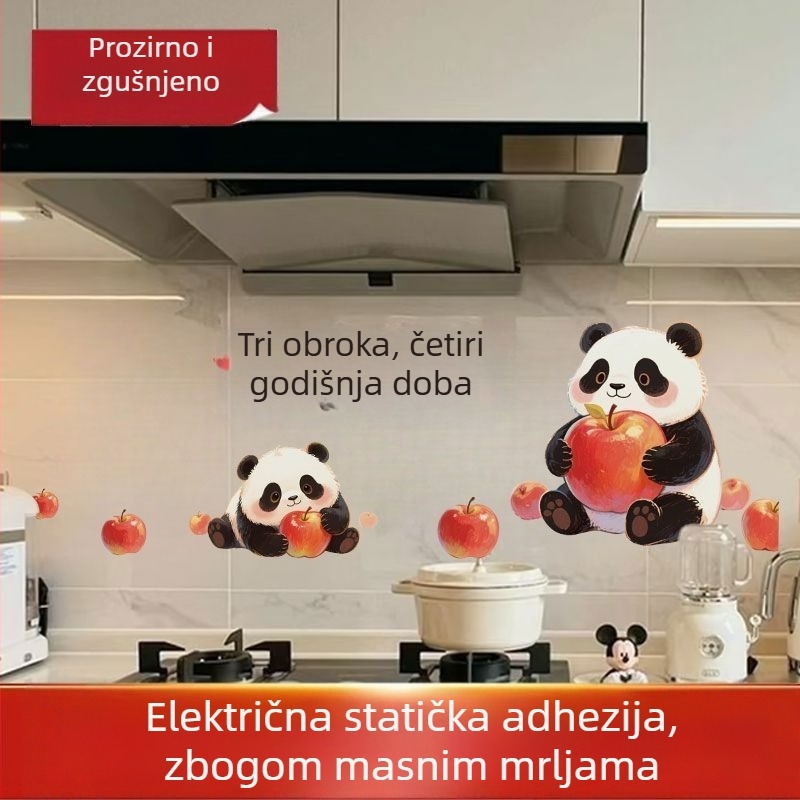Kuhinjska zidna naljepnica – Panda Apple, otporna na masnoće, crtani stil, plošni dizajn, 1 kom, plastična folija