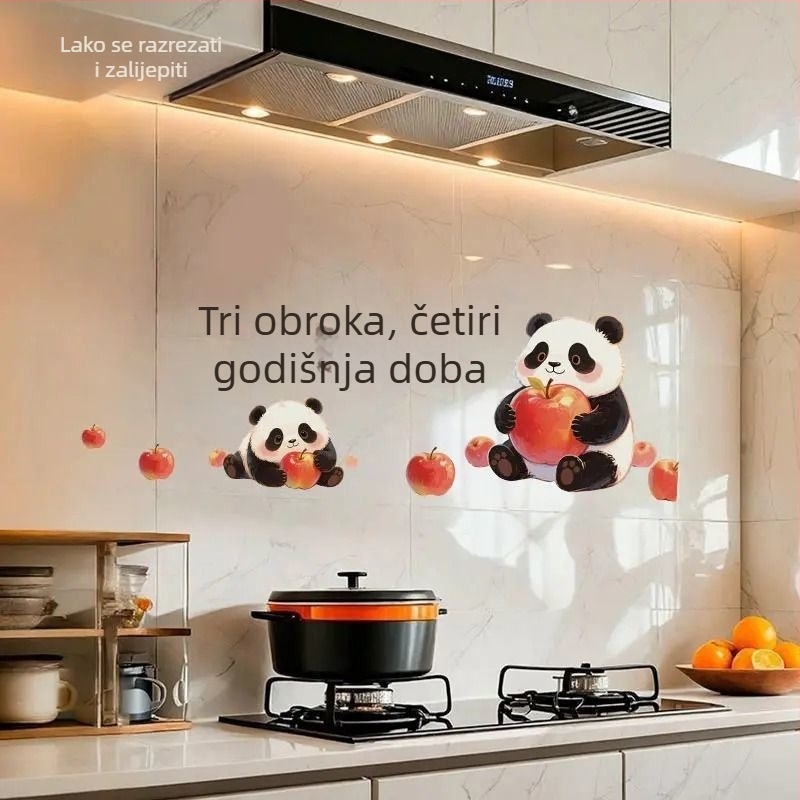 Kuhinjska zidna naljepnica – Panda Apple, otporna na masnoće, crtani stil, plošni dizajn, 1 kom, plastična folija