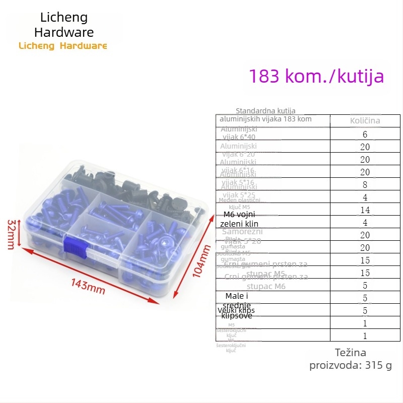 Šarafni vijci za pričvršćivanje vjetrobrana motocikla od aluminijske legure, M5/M6, 177/183/198 komada, opća namjena