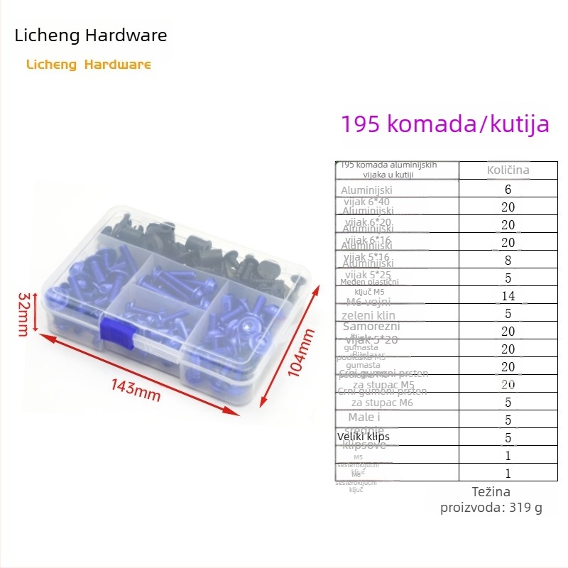 Šarafni vijci za pričvršćivanje vjetrobrana motocikla od aluminijske legure, M5/M6, 177/183/198 komada, opća namjena