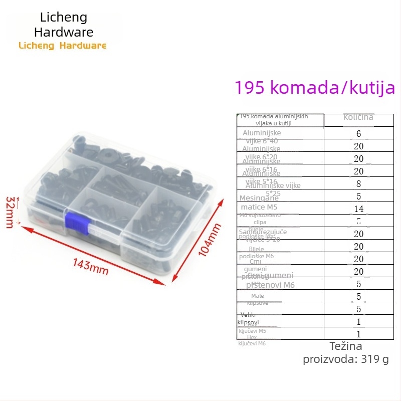 Šarafni vijci za pričvršćivanje vjetrobrana motocikla od aluminijske legure, M5/M6, 177/183/198 komada, opća namjena