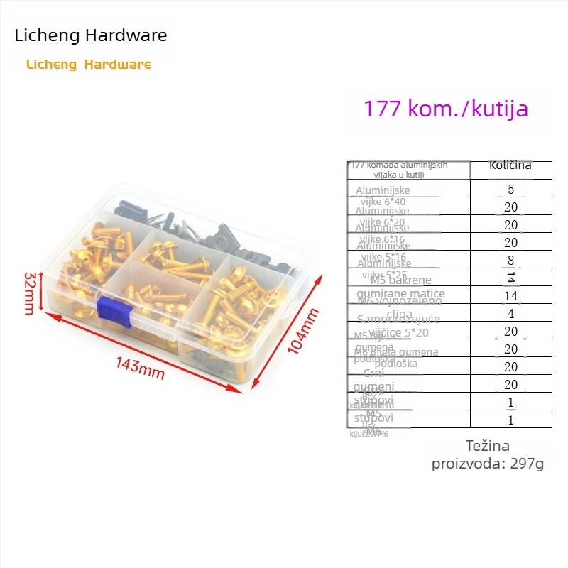 Šarafni vijci za pričvršćivanje vjetrobrana motocikla od aluminijske legure, M5/M6, 177/183/198 komada, opća namjena