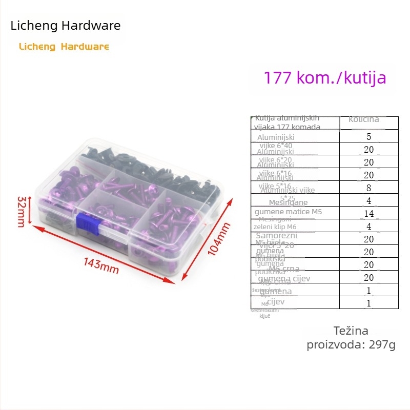 Šarafni vijci za pričvršćivanje vjetrobrana motocikla od aluminijske legure, M5/M6, 177/183/198 komada, opća namjena
