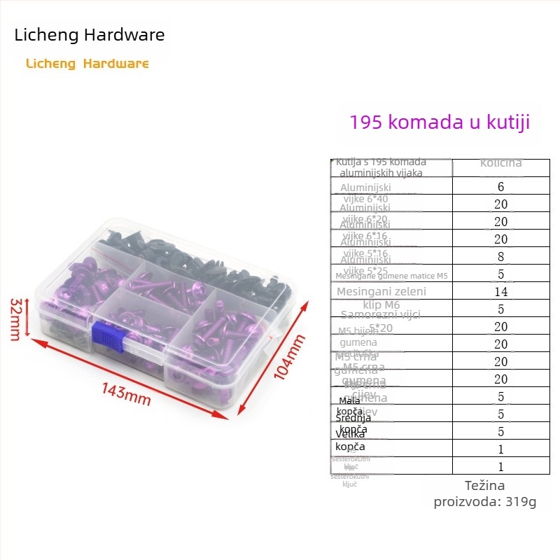 Šarafni vijci za pričvršćivanje vjetrobrana motocikla od aluminijske legure, M5/M6, 177/183/198 komada, opća namjena