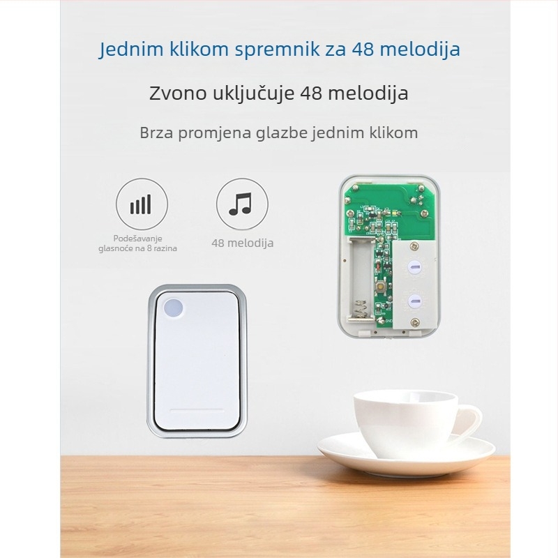 Bežični zvončić RG200 – prijemnik s Type-C napajanjem; transmiter 12V23A; domet do 250 m (pregrade 100 m); napajanje prijemnika: 3x AA baterije ili izravno priključak; radna temperatura -20°C do 45°C