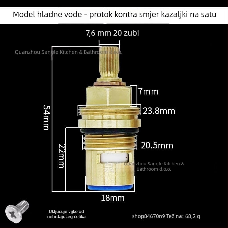 Bakreno jezgro ventila za slavinu – dvostruki navoj, keramičko jezgro, za pitku vodu izravno, 90° rotacije, maksimalna temperatura 90°C