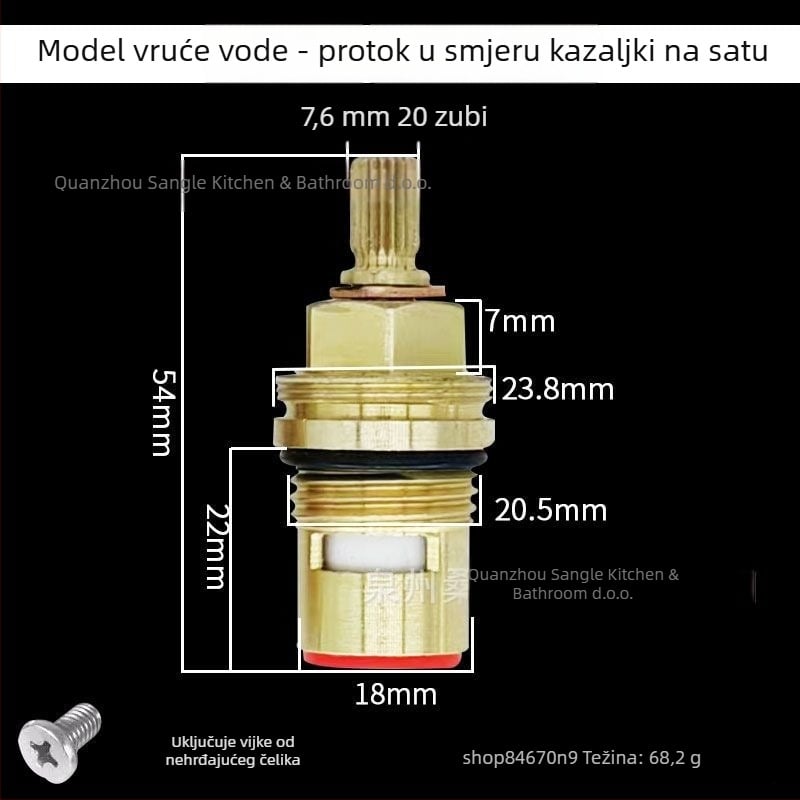 Bakreno jezgro ventila za slavinu – dvostruki navoj, keramičko jezgro, za pitku vodu izravno, 90° rotacije, maksimalna temperatura 90°C