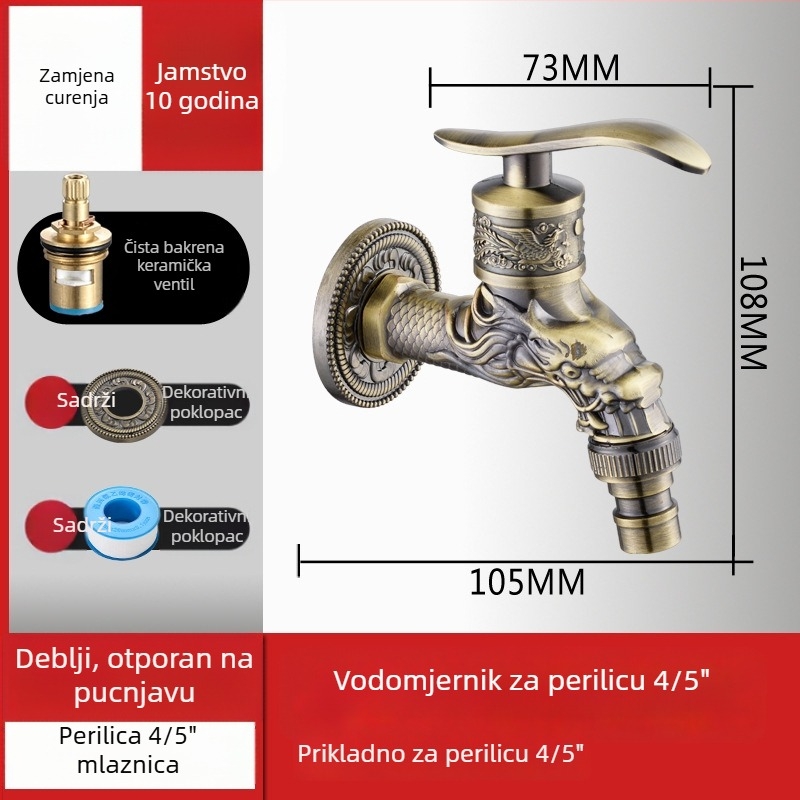 Baterija za perilicu rublja u stilu antike, zidna instalacija — 0–90°C, 0,8–1,2 MPa, tijelo od legure s bakrenom osovinom, keramičko jezgro