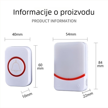 Kangfute CMF-1188 Bežični zvončić za vrata s daljinskim upravljačem — Napajanje: Pošiljatelj CR2032; Primatelj: 3 baterije tipa 7 — Za unutarnju, vanjsku upotrebu i vrt