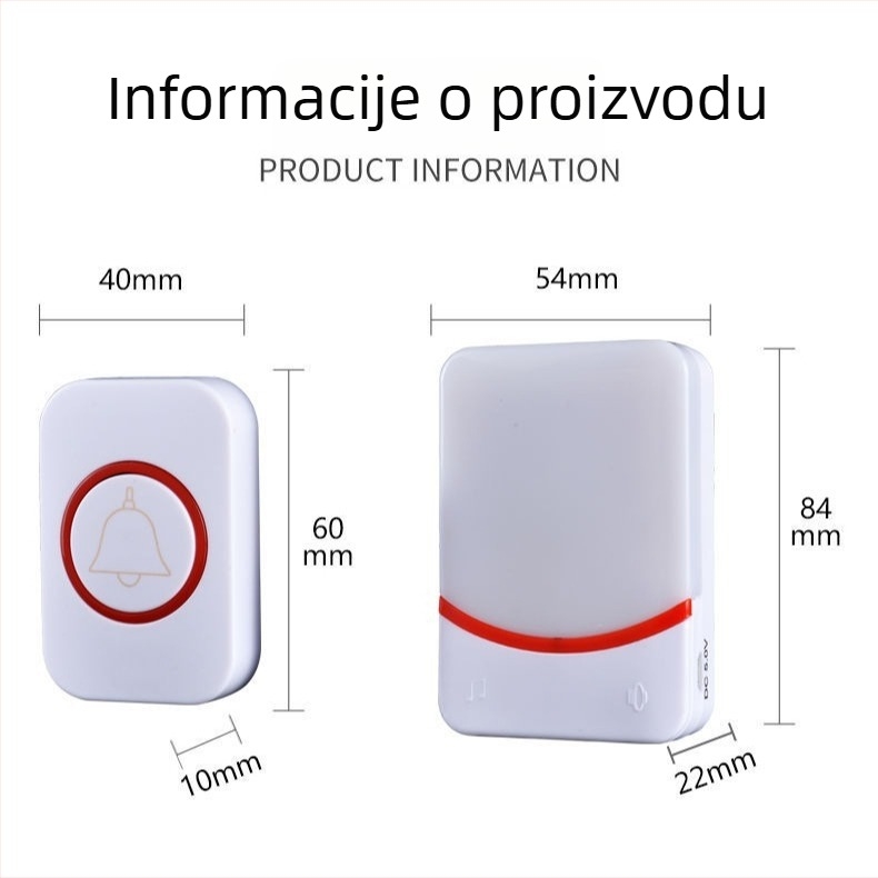 Kangfute CMF-1188 Bežični zvončić za vrata s daljinskim upravljačem — Napajanje: Pošiljatelj CR2032; Primatelj: 3 baterije tipa 7 — Za unutarnju, vanjsku upotrebu i vrt