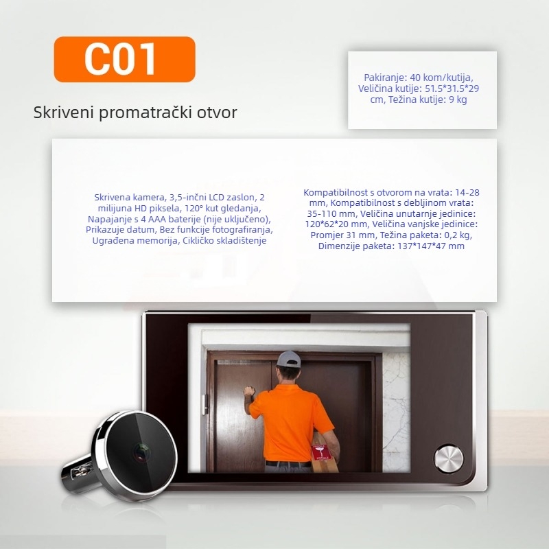 Pametni vizualni zvono za vrata C01 s ugrađenom memorijom; model C01; napajanje: AAA baterija; pogodno za kuću, hotel, vilu, stan