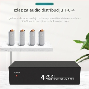 Audio distribucijski uređaj s 1 ulazom i 4 izlaza, 3,5 mm stereo, pojačanje, model AUX-104