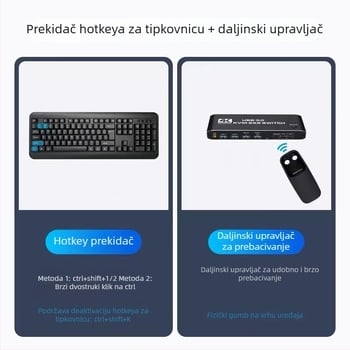 KVM prekidač HDMI, 2 ulaza/2 izlaza, 4K/60Hz, 3,5 mm zvuk, prebacivanje tipkama