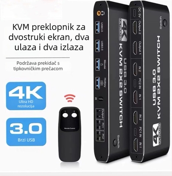 KVM prekidač HDMI, 2 ulaza/2 izlaza, 4K/60Hz, 3,5 mm zvuk, prebacivanje tipkama