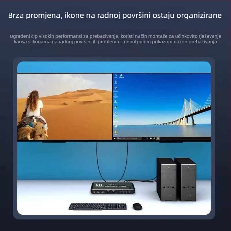 KVM prekidač HDMI, 2 ulaza/2 izlaza, 4K/60Hz, 3,5 mm zvuk, prebacivanje tipkama