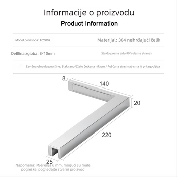 Kutni spojnik za staklena vrata kupaonice od 304 nehrđajućeg čelika, bez okvira, ugradnja na zid pod kutem 90°, pogodan za kaljeno staklo debljine 8–10 mm, model FC500R