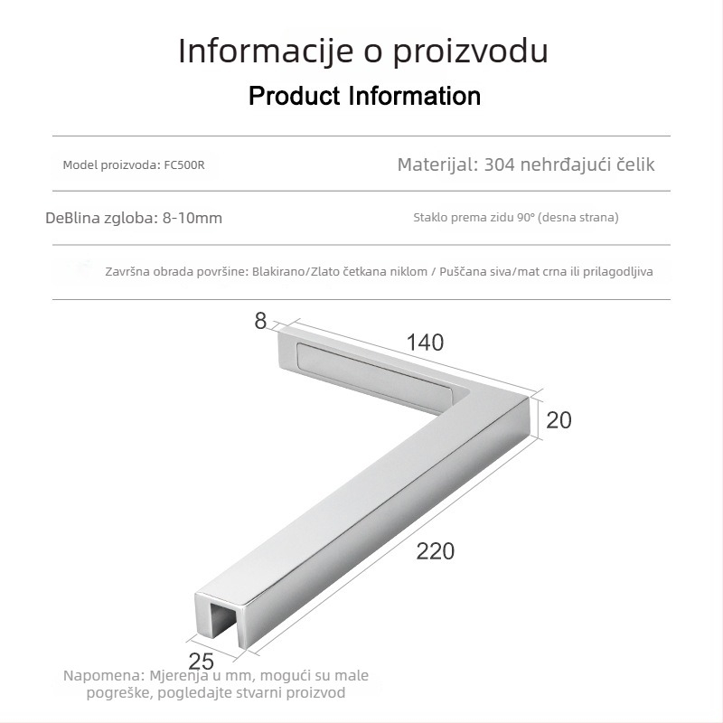 Kutni spojnik za staklena vrata kupaonice od 304 nehrđajućeg čelika, bez okvira, ugradnja na zid pod kutem 90°, pogodan za kaljeno staklo debljine 8–10 mm, model FC500R