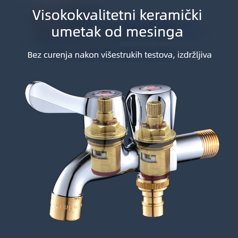 Ugradna slavina za perilicu s dvijema izlazima, bakreno tijelo, 20 mm priključci, keramički kartridž