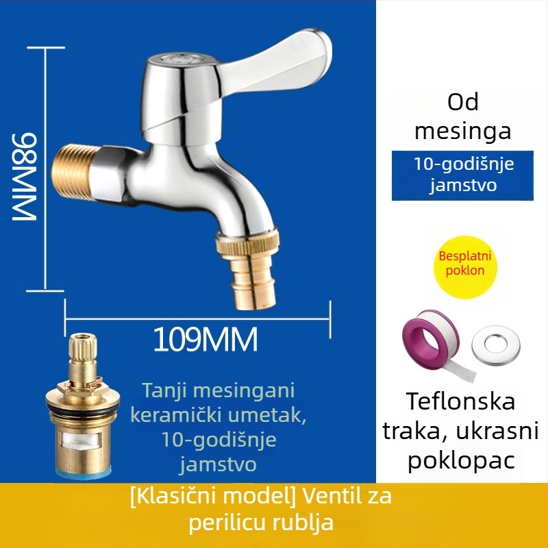 Ugradna slavina za perilicu s dvijema izlazima, bakreno tijelo, 20 mm priključci, keramički kartridž