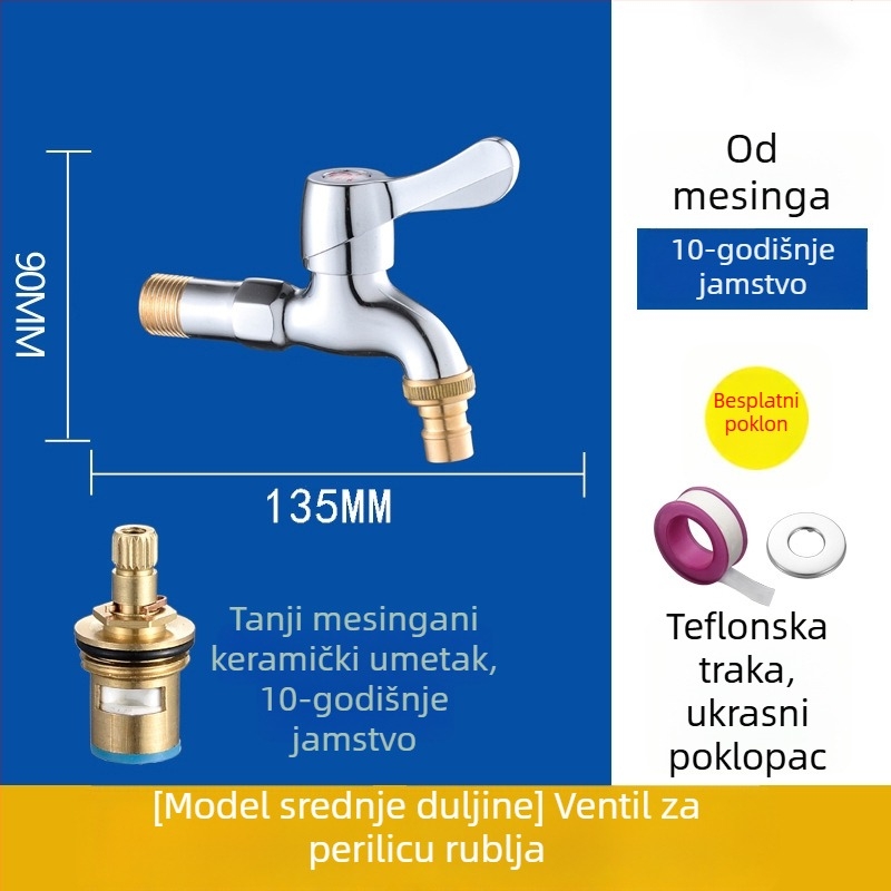Ugradna slavina za perilicu s dvijema izlazima, bakreno tijelo, 20 mm priključci, keramički kartridž