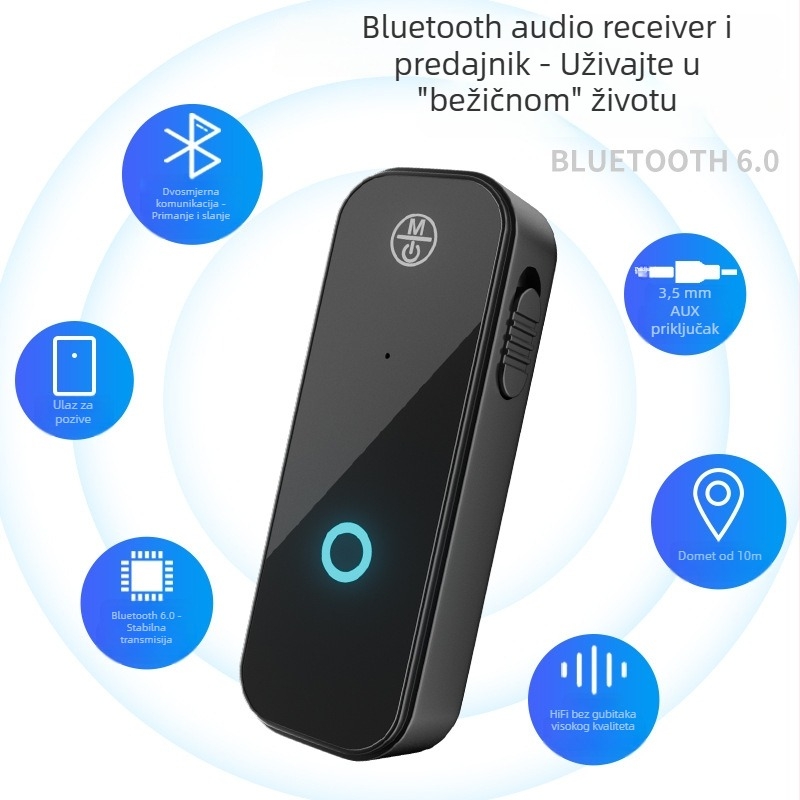 Bluetooth 6.0 audio predajnik i prijemnik 2-u-1, Hands-Free USB adapter za auto i dom, AUX, Plug and Play, vanjsko napajanje