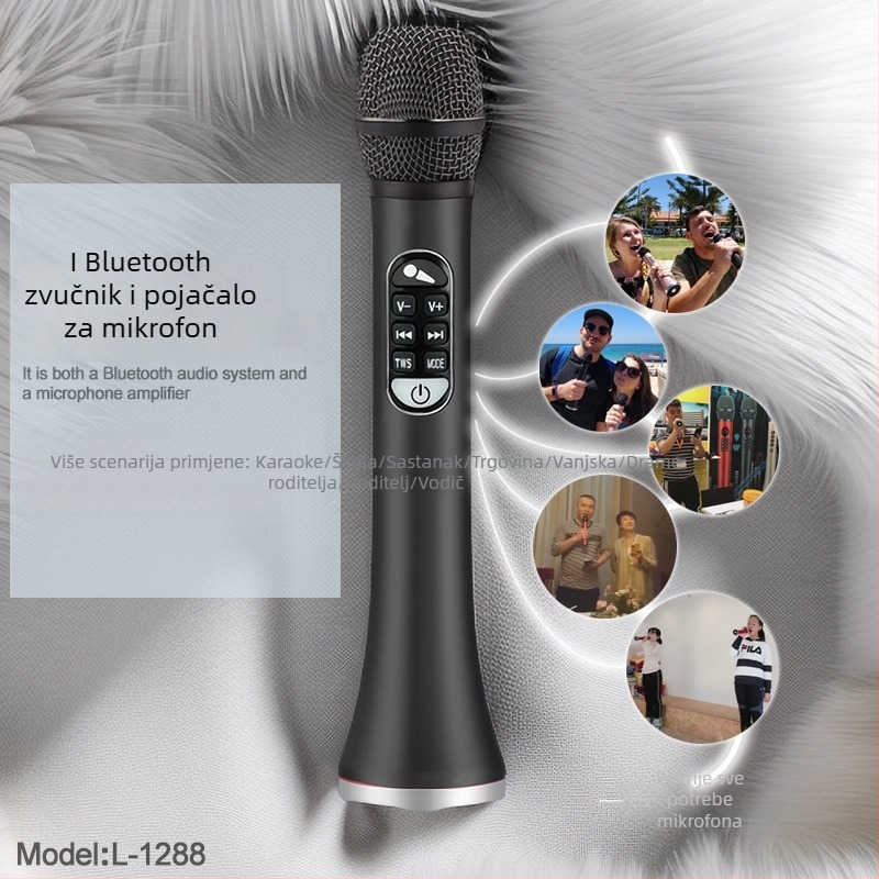 Integrirani karaoke mikrofon sa zvučnom kartom i Bluetooth zvučnikom, ugrađena baterija 4000–6000 mAh, Bluetooth 5.3, raspon frekvencija 100 Hz–20 kHz, izlazna snaga 40 W, za kućno i mobilno karaoke