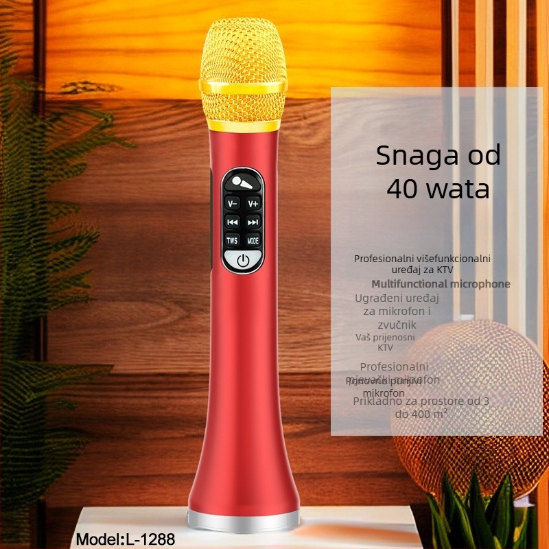 Integrirani karaoke mikrofon sa zvučnom kartom i Bluetooth zvučnikom, ugrađena baterija 4000–6000 mAh, Bluetooth 5.3, raspon frekvencija 100 Hz–20 kHz, izlazna snaga 40 W, za kućno i mobilno karaoke
