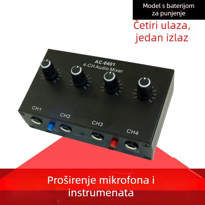 Audio mikser za instrumente i mikrofone, 4 ulaza/1 izlaz, AC-6401, gaodiyin