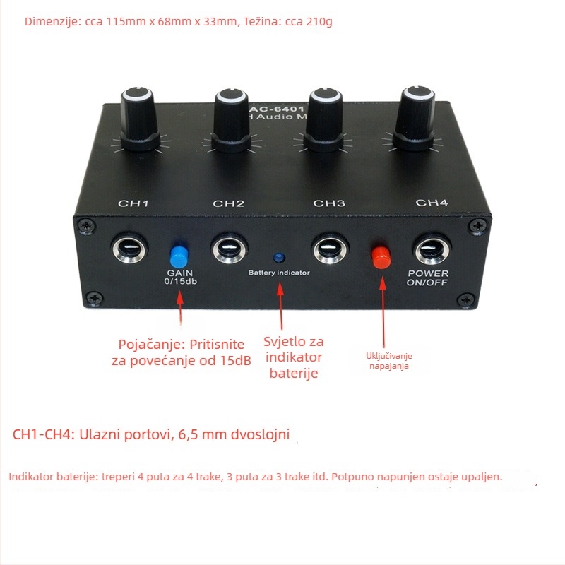 Audio mikser za instrumente i mikrofone, 4 ulaza/1 izlaz, AC-6401, gaodiyin