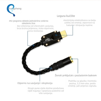 Audio linijski adapter s CS43198 dekodirajućim čipom, srebrno-plastični završetak, jezgra od bakrene žice s premazom srebra, vodič od bakra bez kisika, težina 3,8 g