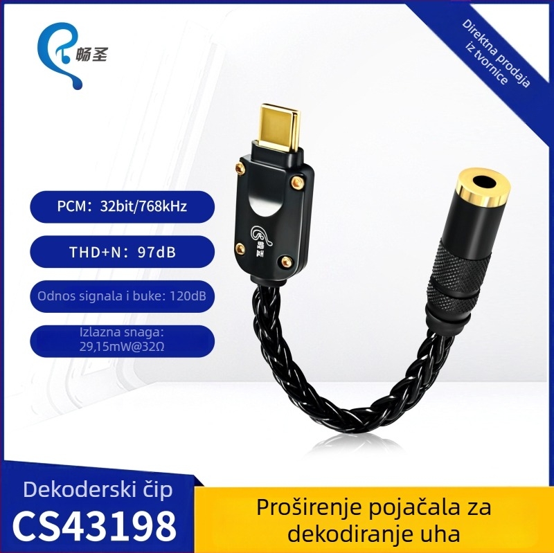 Audio linijski adapter s CS43198 dekodirajućim čipom, srebrno-plastični završetak, jezgra od bakrene žice s premazom srebra, vodič od bakra bez kisika, težina 3,8 g